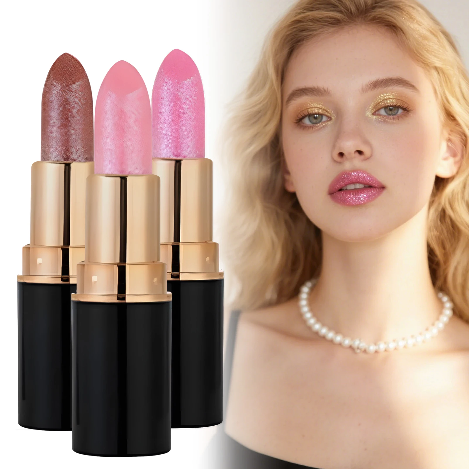 3Colors Glitter Lipstick Waterproof Long Lasting Diamond Pearlescent Metallic Lipstick Black Lipgloss Women Lips Makeup Cosmetic