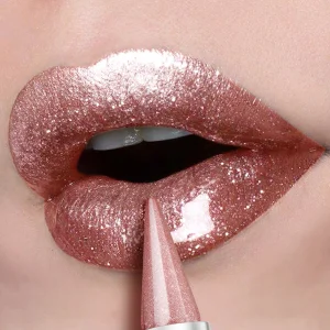 Nude pink pearlescent lipstick, waterproof and long-lasting metallic texture, pearlescent shimmering lipstick, suitable for all