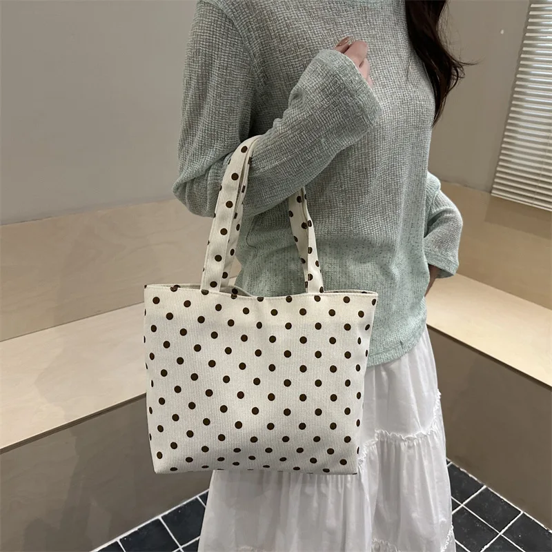 Shoulder Bag New Four Seasons Korean Lazy Style Cute Polka Dot Canvas Commuting Large Capacity Tote Bag - Image 5