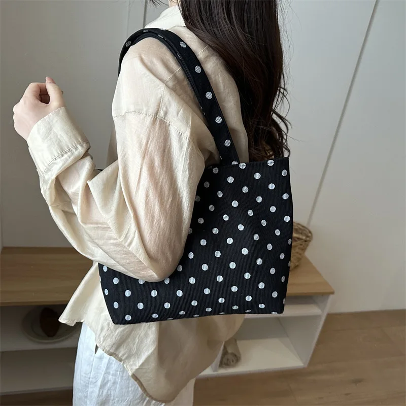 Shoulder Bag New Four Seasons Korean Lazy Style Cute Polka Dot Canvas Commuting Large Capacity Tote Bag - Image 4