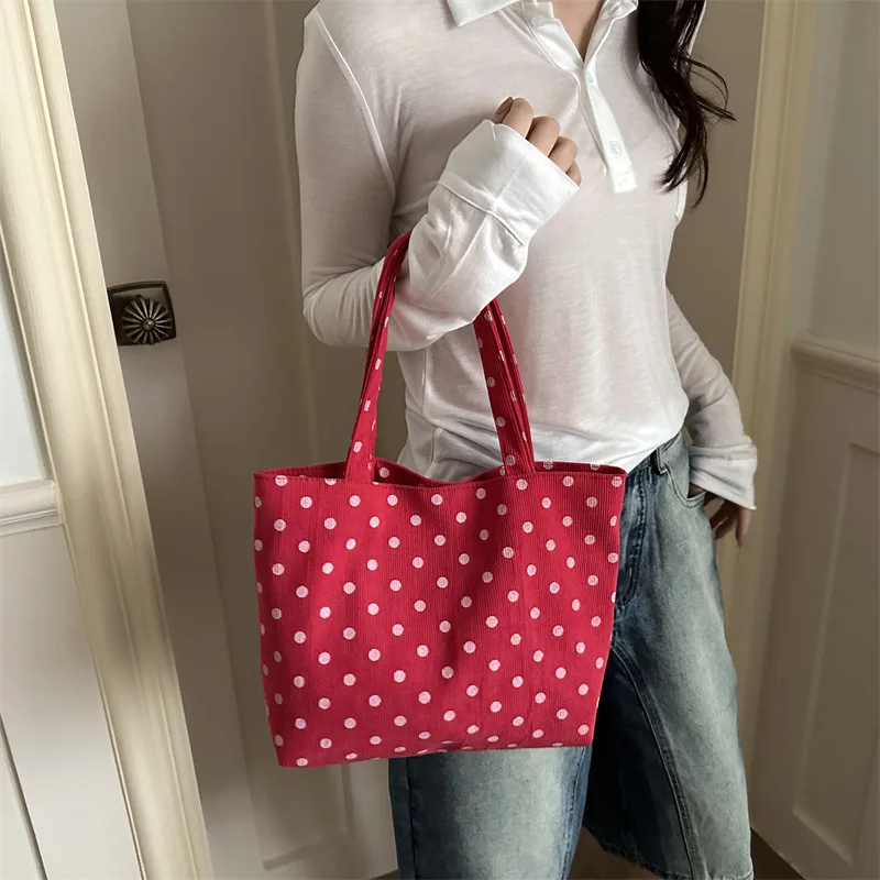 Shoulder Bag New Four Seasons Korean Lazy Style Cute Polka Dot Canvas Commuting Large Capacity Tote Bag - Image 3