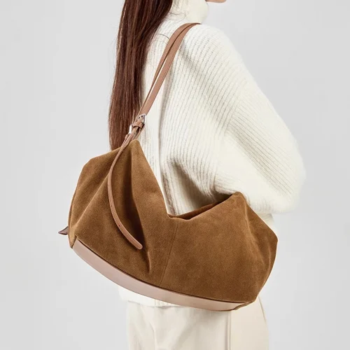 Women's Suede Cow Genuine Leather Shoulder Bags Ladies Soft Cowhide Crossbody Bag Female Design Luxury Lazy Commuting Handbag